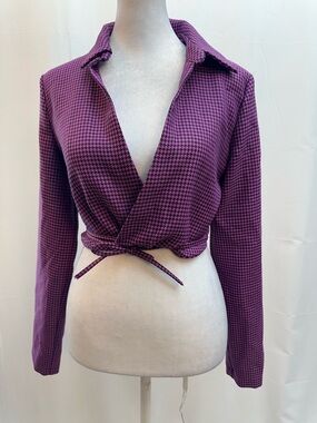 Zara Purple Houndstooth Cropped Wrap Blouse M